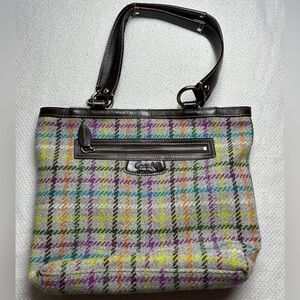 Coach Tattersall Plaid Wool Tote Bag Gray Leather Trim Shoulder Bag F15536